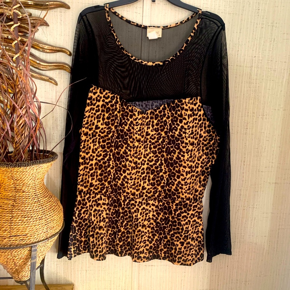 Carol LINE Sheer Sleeve Leopard Print Peplum Top